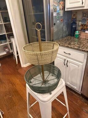 Two-Tier Woven Basket Stand in Sage Green and Natural